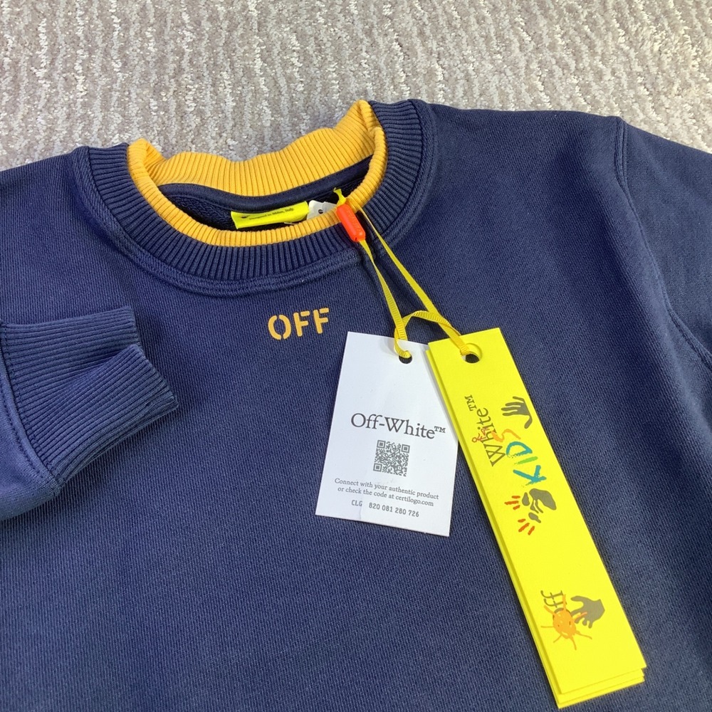 OFF WHITE Kids Crewneck Navy Blue Yellow Sweatshirt Kids Size 6 NWT